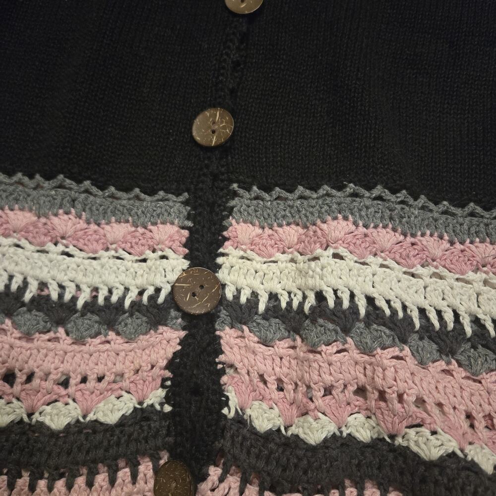 Vintage Y2K Cottagecore Crochet Cardigan Pink Striped Grandpa Sweater Boho XL - Picture 4 of 8